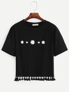 Romwe Black Daisy Print Fringe T-shirt