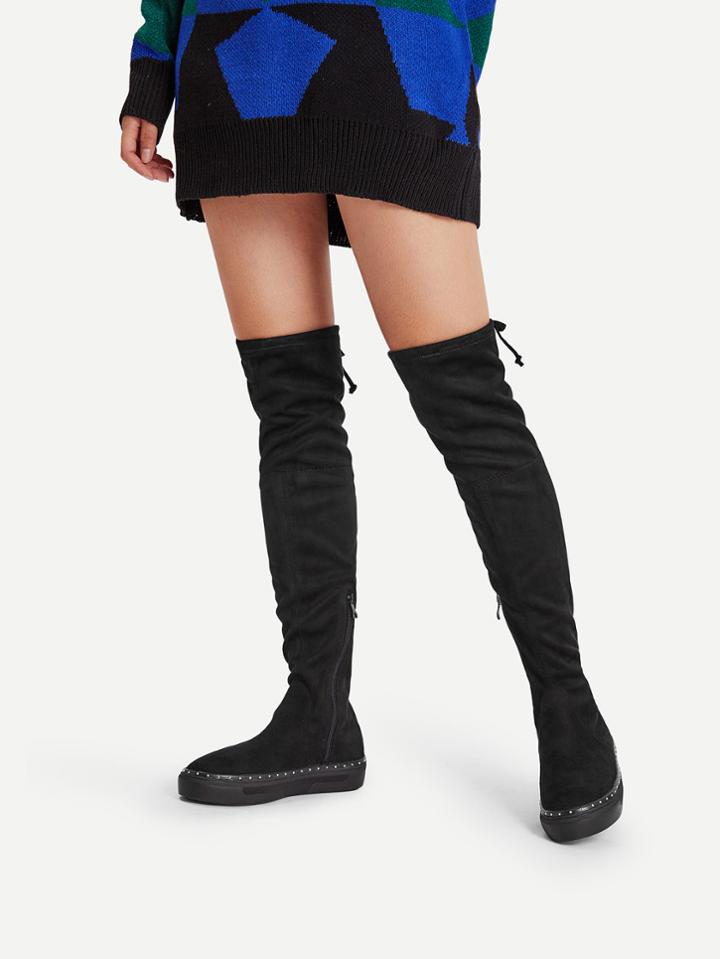 Romwe Lace Up Knee Length Flatform Boots