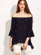 Romwe Navy Print Bell Sleeve Cut Out Top