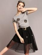 Romwe Grey Short Sleeve Hollow Rose Top With Black Skirt