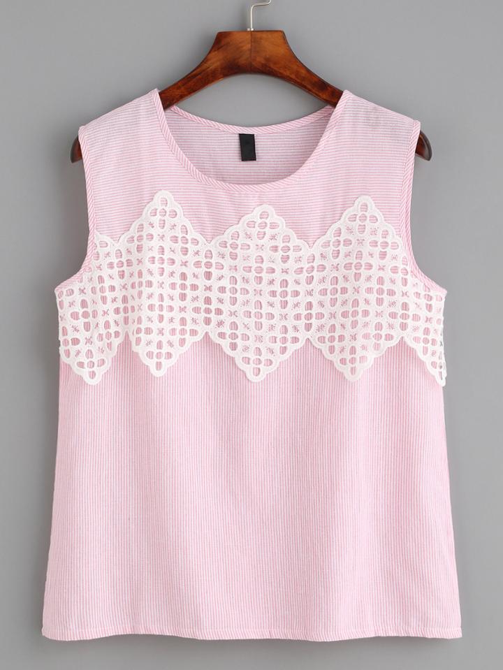 Romwe Pink Striped Crochet Applique Top