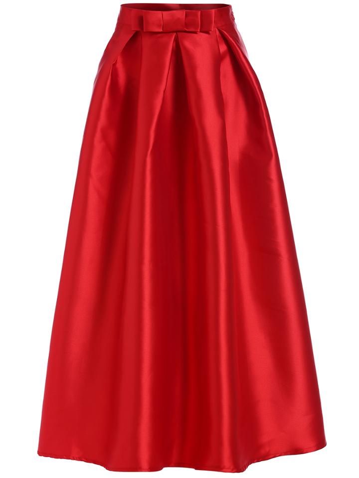 Romwe Bow Embellished Flare Long Red Skirt