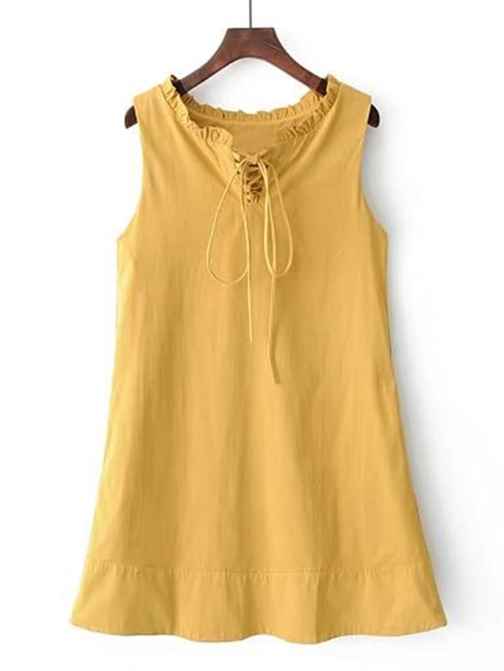 Romwe Lace Up Neck Frill Trim Tank Dress