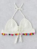 Romwe Pom Pom Trim Crochet Triangle Bikini Top