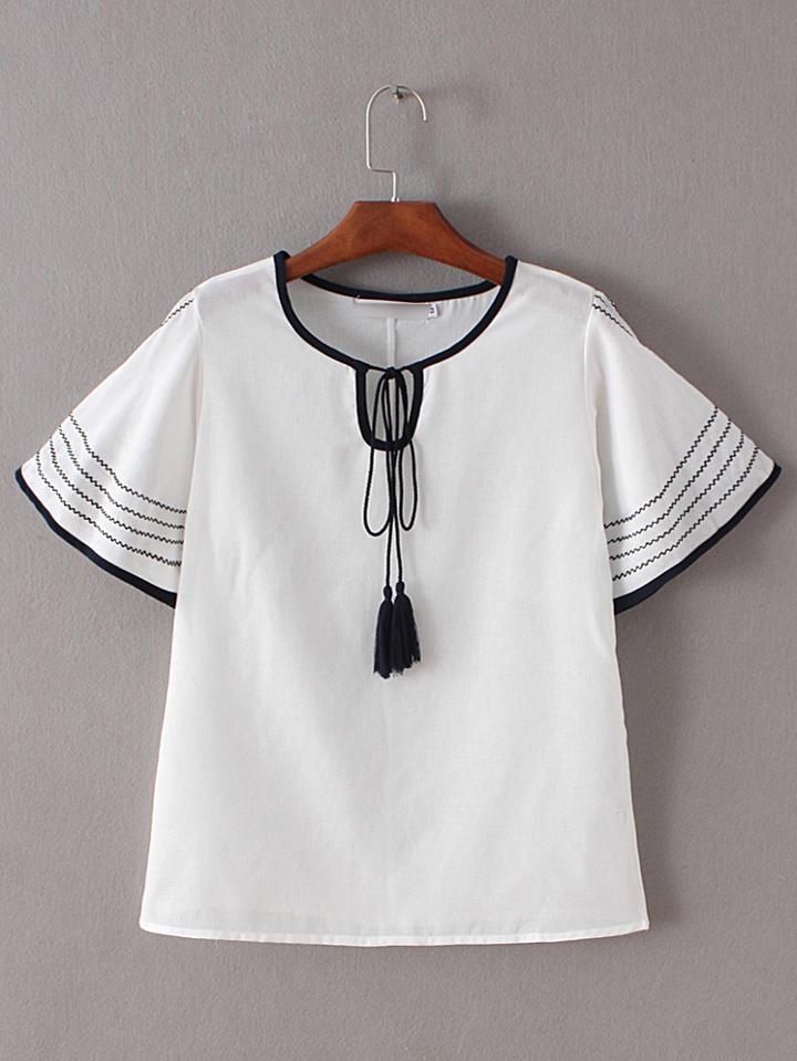 Romwe White Ruffle Sleeve Bow Tassel Blouse