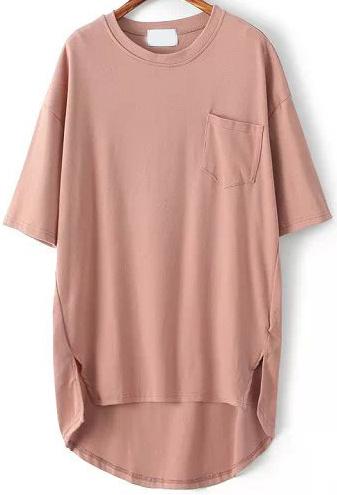 Romwe Pink Pocket Split Dip Hem T-shirt