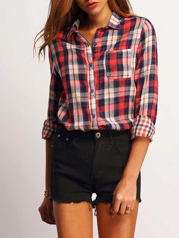Romwe Red Blue Lapel Plaid Pocket Blouse