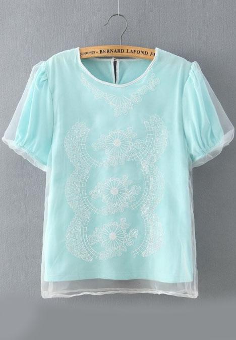 Romwe Short Sleeve Embroidered Organza Blue Top