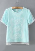 Romwe Short Sleeve Embroidered Organza Blue Top