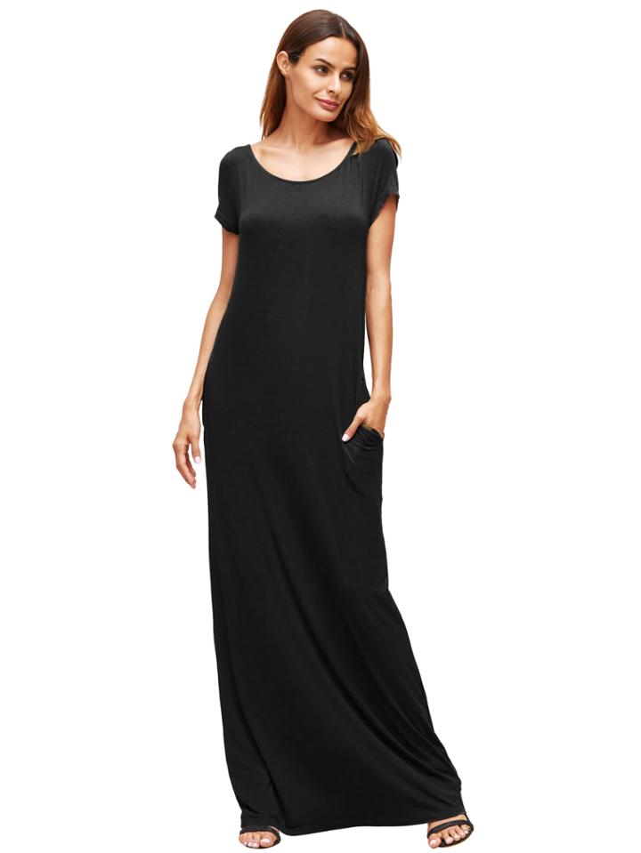 Romwe Black Pocket Short Sleeve Maxi Dress