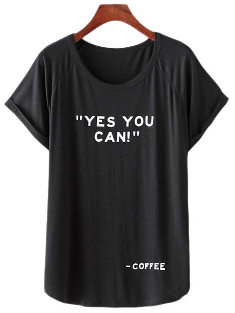 Romwe Black Roll Cuff Letters Print T-shirt