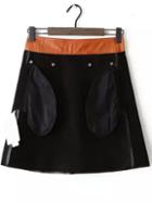 Romwe Zipper With Pockets Pu A-line Colr-block Skirt