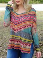 Romwe Long Sleeve Geometric Print Slit T-shirt