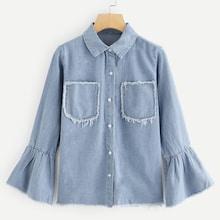 Romwe Frayed Hem Denim Blouse