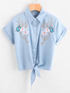 Romwe Embroidered Knot Front Cuffed Chambray Blouse