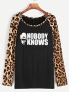 Romwe Contrast Leopard And Letter Print Raglan Sleeve T-shirt