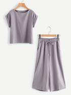 Romwe Rolled Up Sleeve Top And Drawstring Waist Pants
