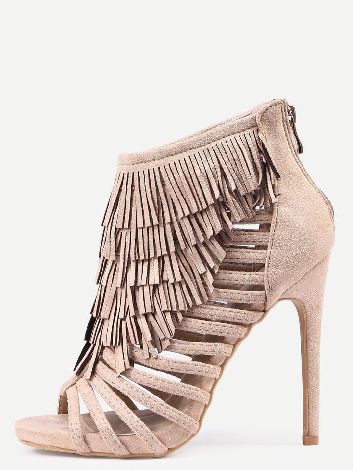 Romwe Apricot Zipper Fringe High Heeled Sandals