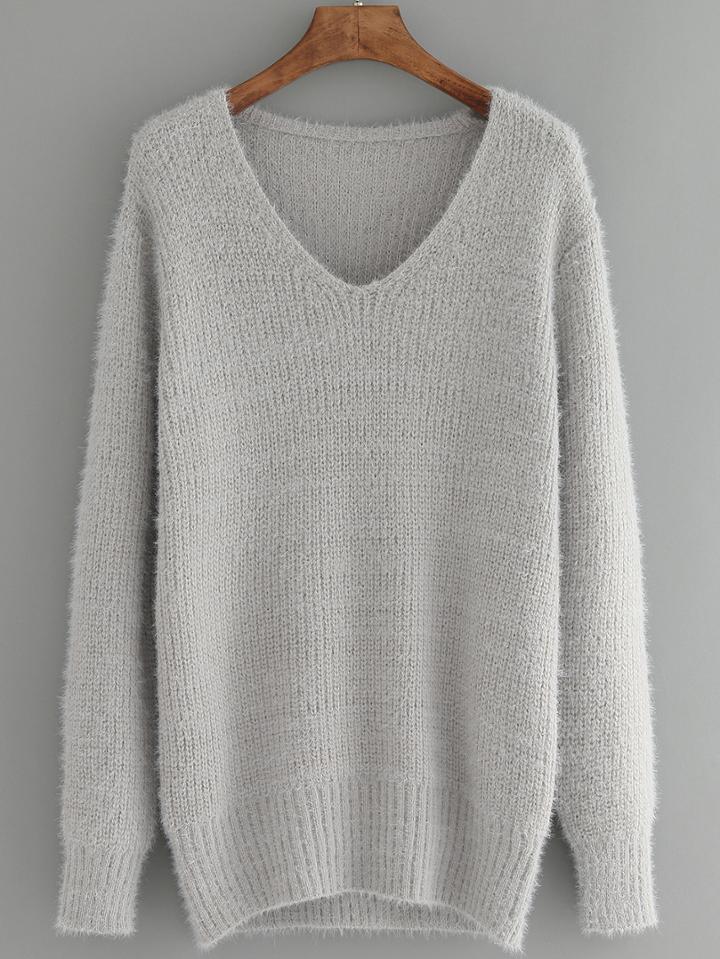 Romwe V Neck Long Sleeve Grey Sweater