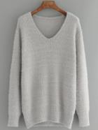Romwe V Neck Long Sleeve Grey Sweater