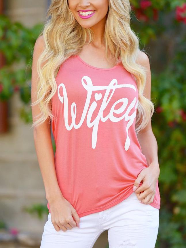 Romwe Letter Print Racerback Tank Top - Pink
