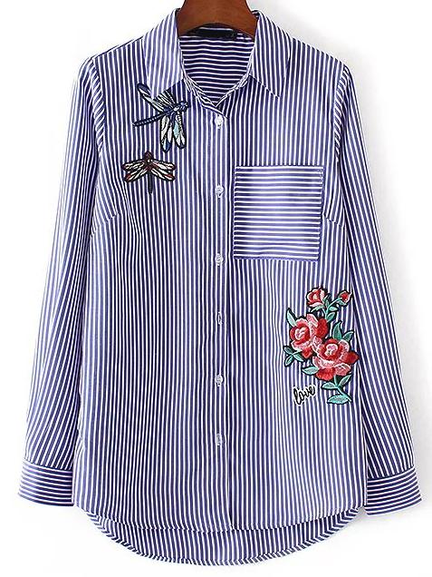 Romwe Blue Vertical Striped Flower Embroidery High Low Blouse