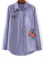 Romwe Blue Vertical Striped Flower Embroidery High Low Blouse