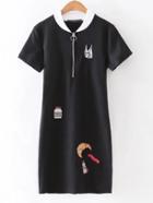 Romwe Black Crew Neck Embroidery Zipper Dress