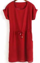 Romwe Short Sleeve Cuffed Red Dress