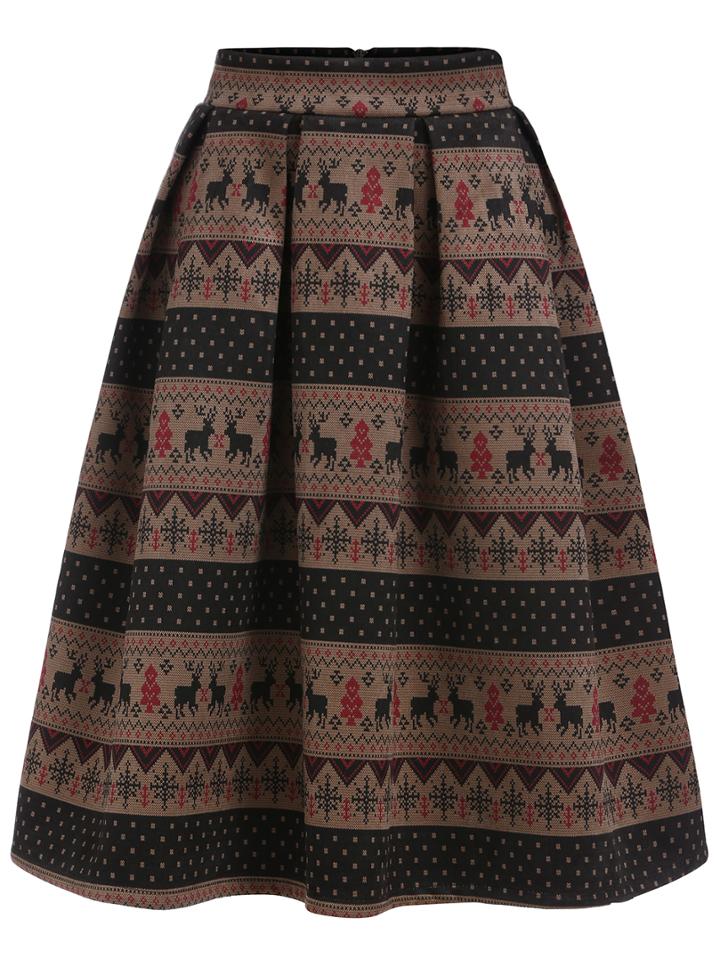 Romwe Deer Print Flare Skirt