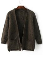 Romwe Army Green Marled Knit Cardigan With Pockets