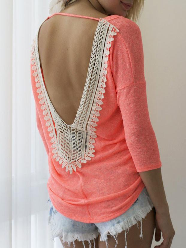 Romwe Contrast Lace Open Back T-shirt