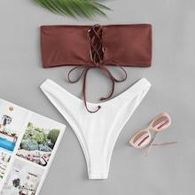 Romwe Two Tone Lace-up Bandeau With High Cut Bikini