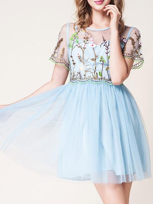 Romwe Blue Gauze Flowers Embroidered A-line Dress