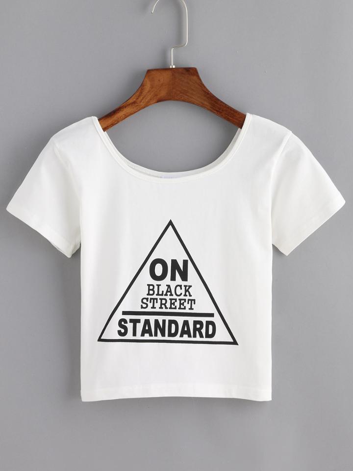 Romwe Scoop Neck Triangle Print White T-shirt