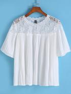 Romwe Lace Insert Pleated White Top