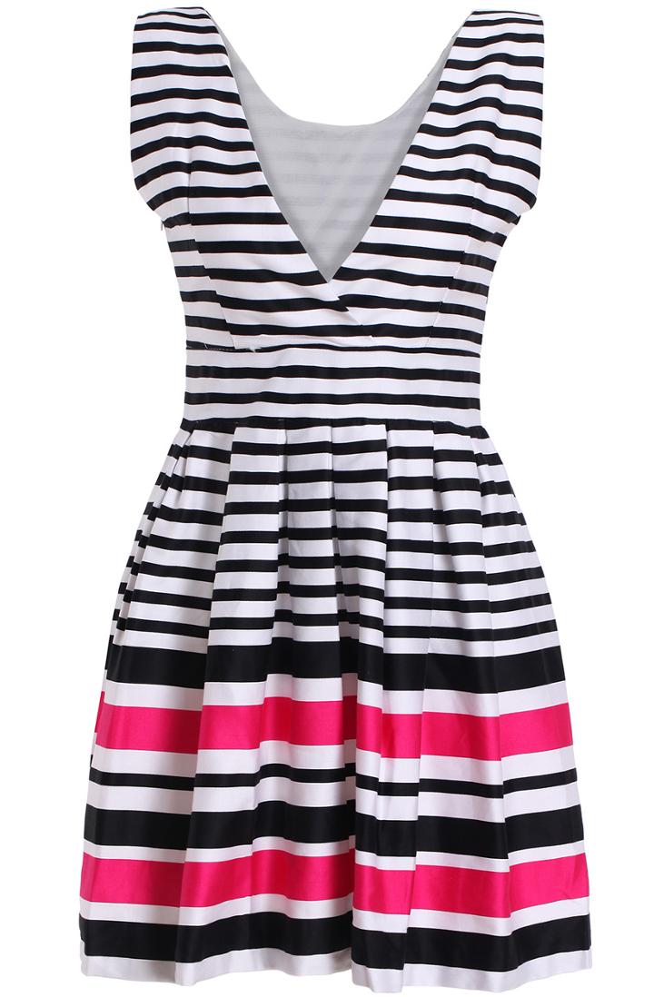 Romwe Deep V Neck Striped Flare Dress