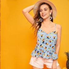 Romwe Strawberry Print Ruffle Hem Cami Top