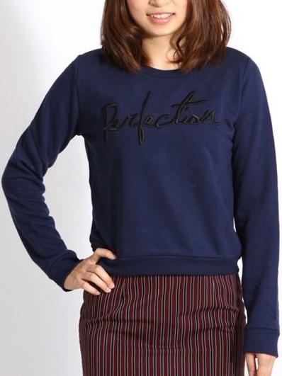 Romwe Round Neck Letter Embroidered Royal Blue Sweater
