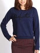 Romwe Round Neck Letter Embroidered Royal Blue Sweater