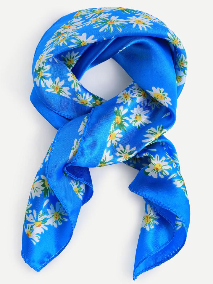 Romwe Blue Floral Print Square Scarf