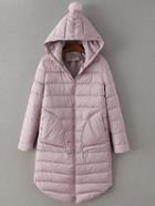 Romwe Pink Curved Hem Hooded Padded Coat With Pocket