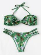 Romwe Calico Print Braided Strap Bandeau Bikini Set