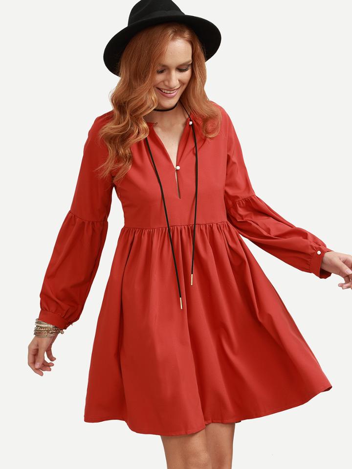 Romwe Red Long Puff Sleeve Flare Dress