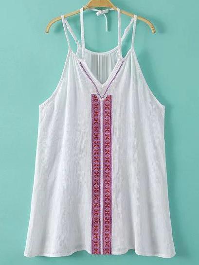 Romwe White Halter Embroidery Spaghetti Strap Tank Top