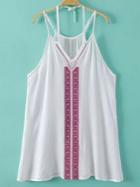 Romwe White Halter Embroidery Spaghetti Strap Tank Top