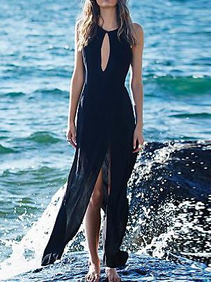 Romwe Keyhole High Slit Navy Dress