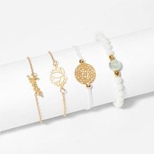 Romwe Lotus & Letter Bracelet Set 4pcs