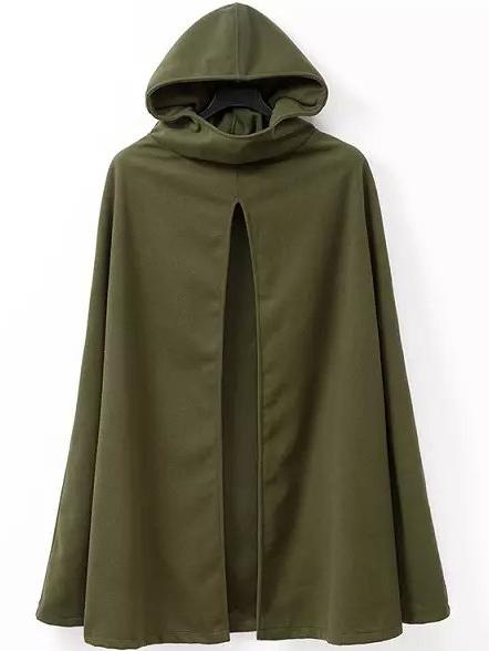 Romwe Hooded Slit Woolen Cape Coat