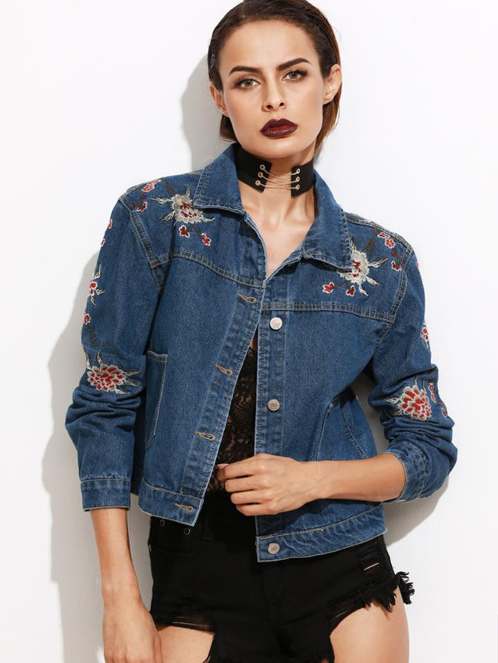 Romwe Dark Blue Flower Embroidered Crop Denim Jacket